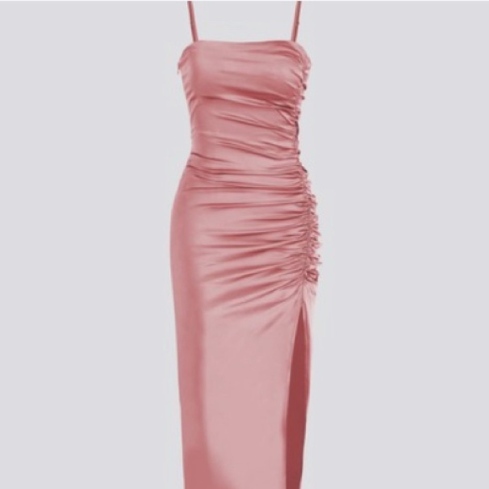 Solid satin ruched split midi cami dress